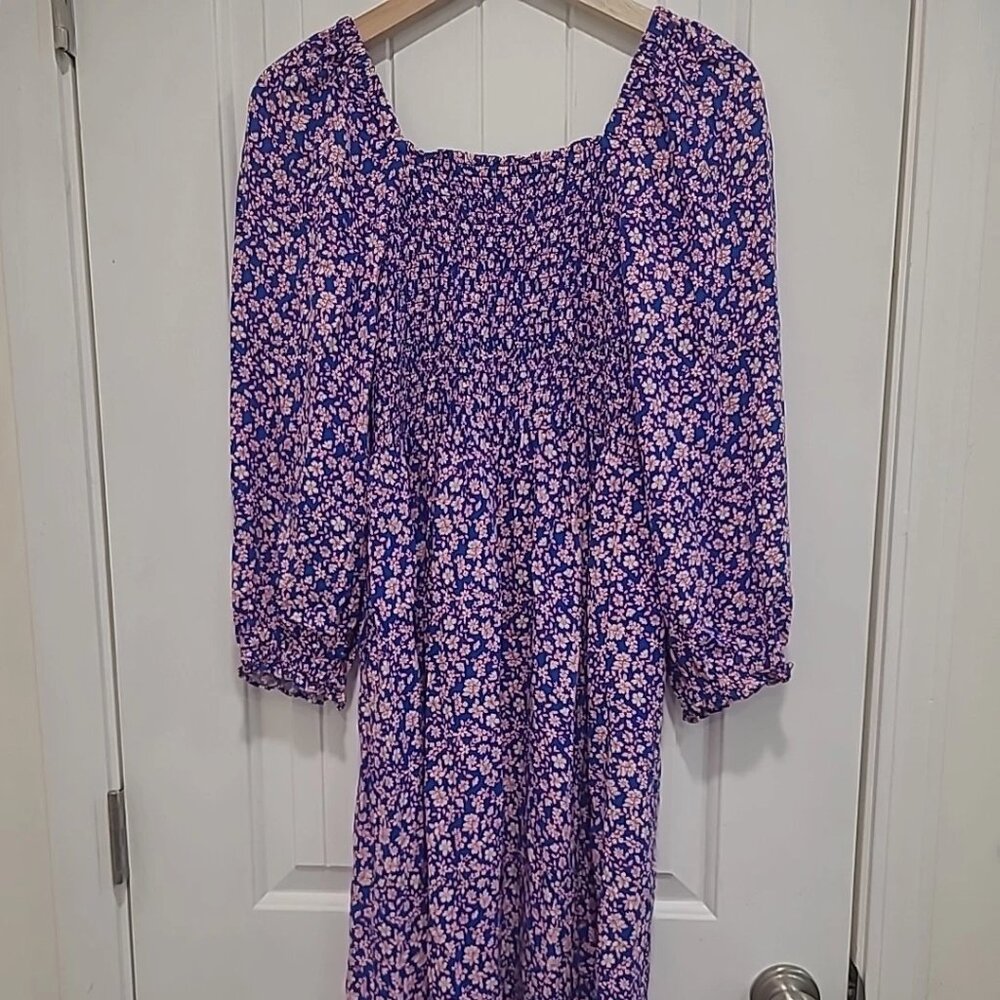 J. CREW Womens Blue floral smocked midi day dream peasant cottagecore dress XS